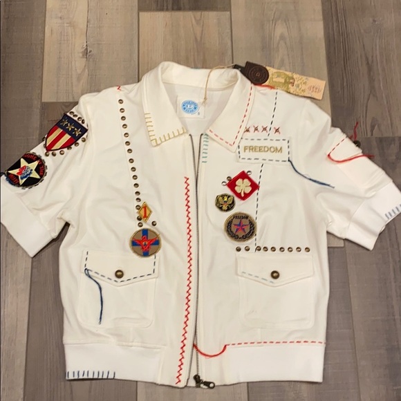 Double D Ranch Tops - Double D Ranch White Embroidered Americana French Terry Bomber Jacket